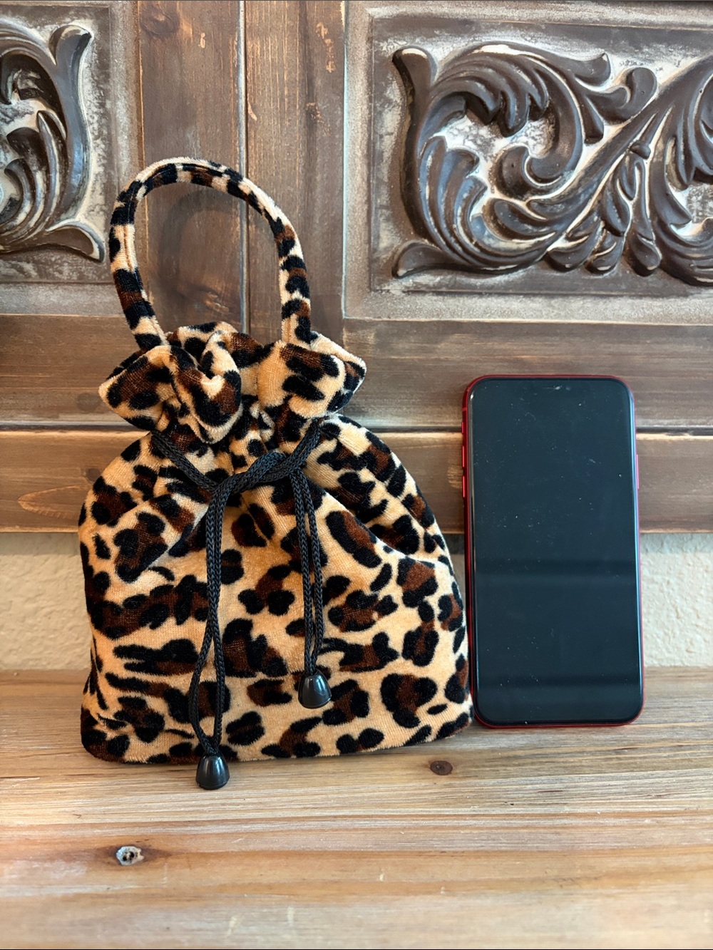 Leopard Print Mini Drawstring Hsndle Bag - Faux Fur Animal Print